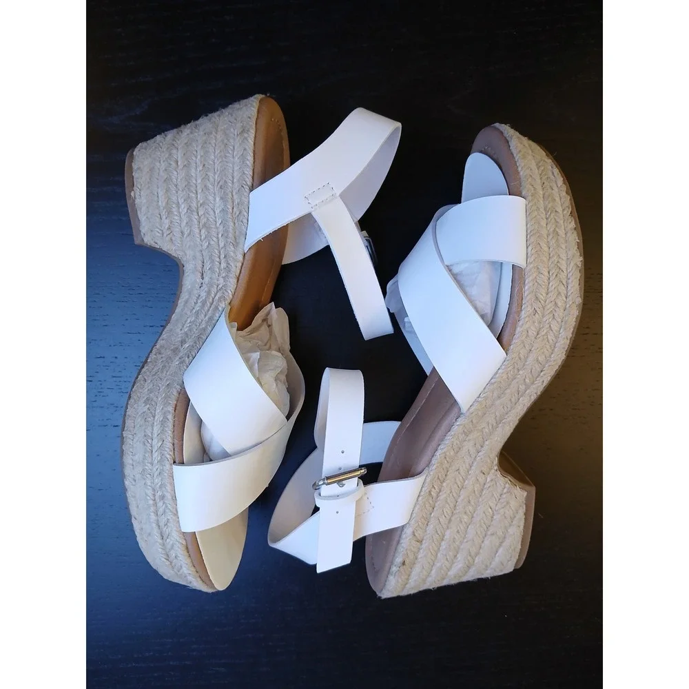 Cushionaire Memory Foam White Vegan Leather Espadrille Wedge Sandals Womens 8.5M